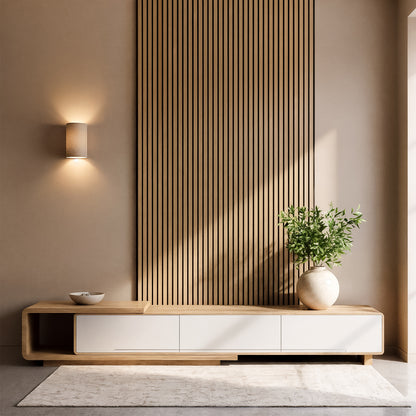Agoran 240cm Acoustic Slat Wall Panel Set of 2 in Natural, featured behind a modern wooden console with white drawers, enhances the room's aesthetic with its elegant wood slat design and soundproofing benefits.