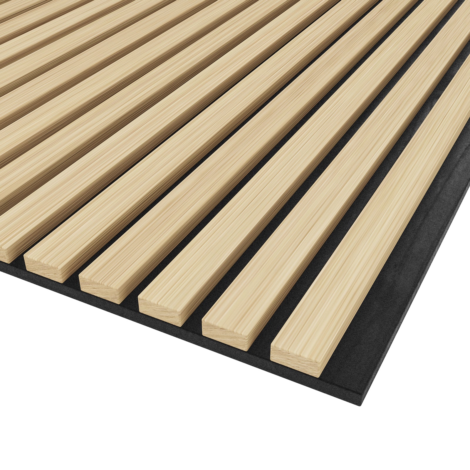 Agoran 240cm Acoustic Wood Slat Wall Panel - Set of 2 Oak, showcasing close-up details of the wooden slats’ texture, highlighting their sleek, modern design and construction, ideal for enhancing spaces with style and noise reduction.