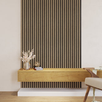 Agoran 240cm Acoustic Wood Slat Wall Panel - Set of 2 Teak, showcased in a modern interior, highlights sleek timber veneer slats, perfect for enhancing style and reducing noise in any room.