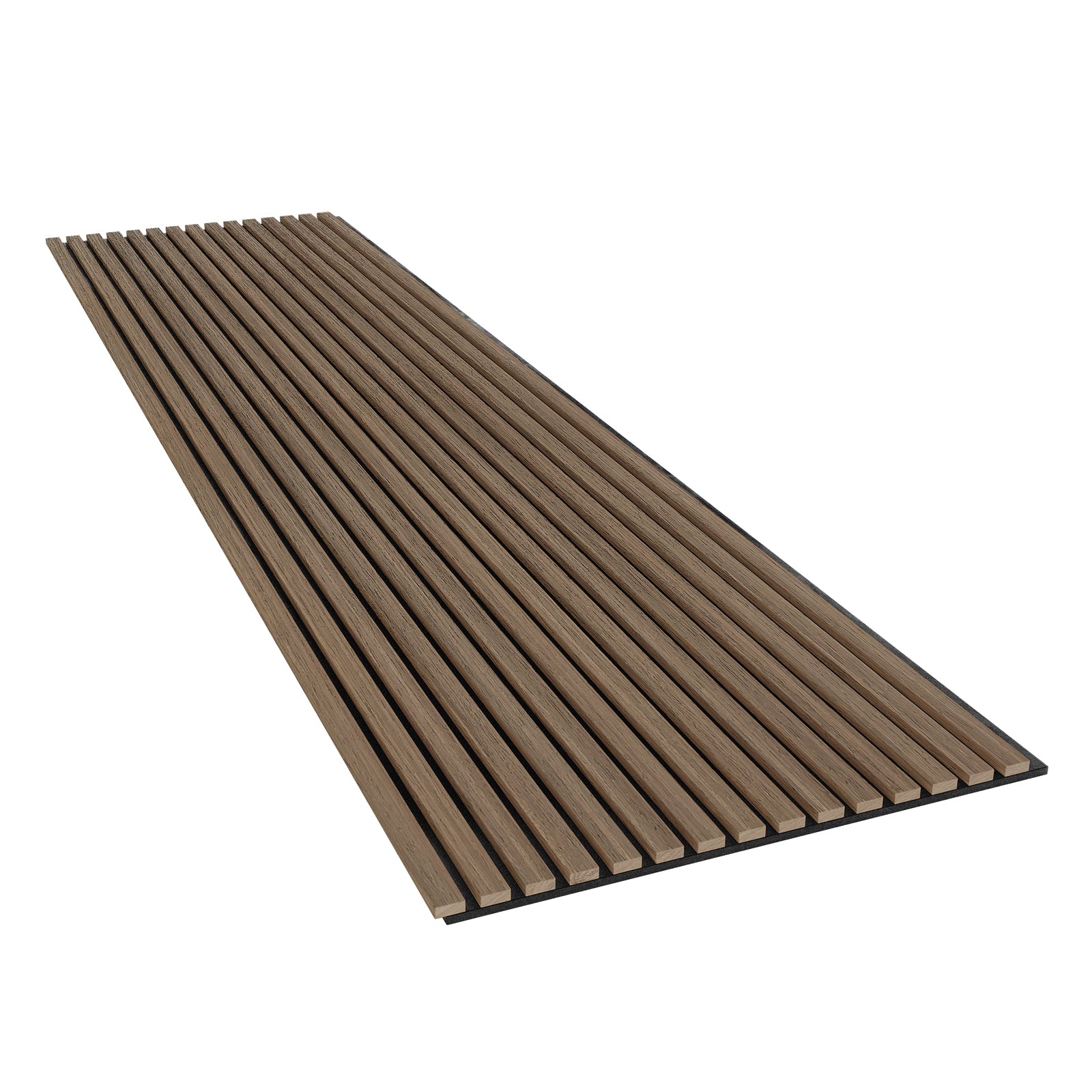 Agoran 240cm Acoustic Wood Slat Wall Panel - Set of 2 Teak close-up shows detailed wood grain and slat design, highlighting its acoustic properties and modern style for enhancing room aesthetics and soundproofing.