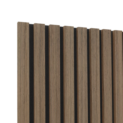 Agoran 240cm Acoustic Wood Slat Wall Panel - Set of 2 Teak, featuring close-up views of smooth, vertical wooden slats, highlighting the texture and craftsmanship ideal for modern, noise-reducing interiors.