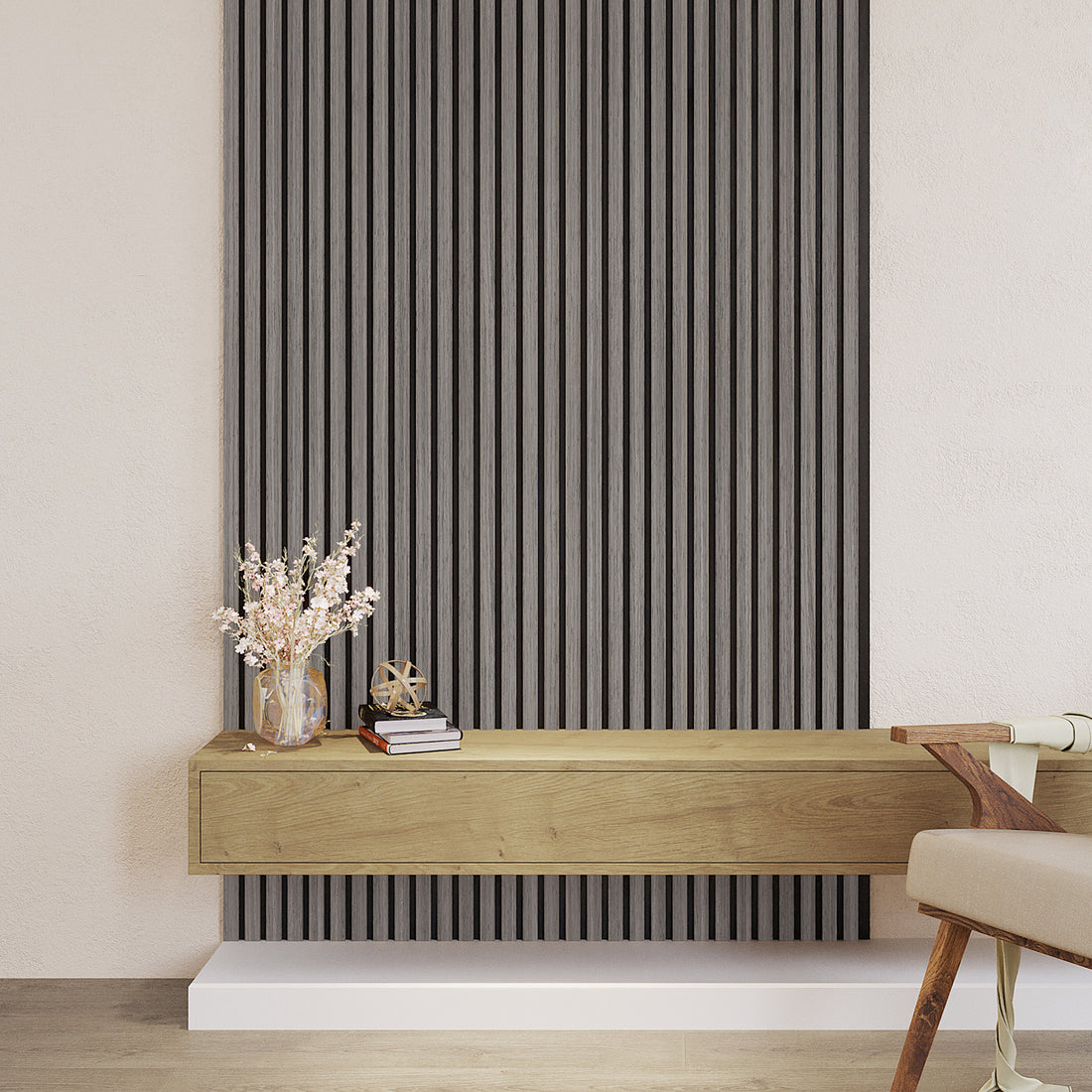 Close-up of the Agoran 270cm Acoustic Wood Slat Wall Panel Grey Oak, highlighting its sleek slat design and timber veneer texture, ideal for modern interior decor and noise reduction.