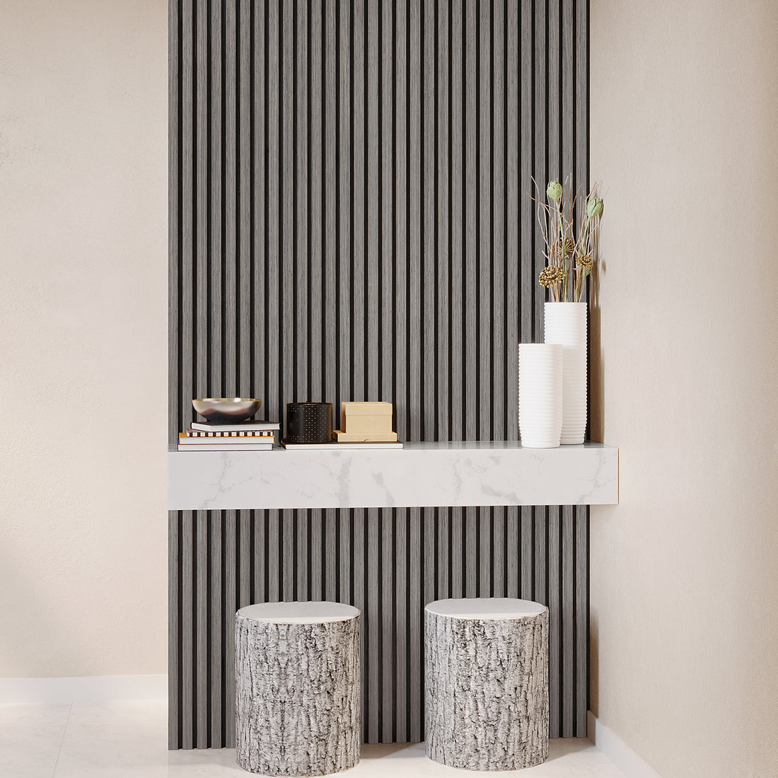 Agoran 270cm Acoustic Wood Slat Wall Panel Grey Oak, showcasing sleek wood slats against a strong PET backing, ideal for modern interiors, enhancing style and reducing noise in various spaces.