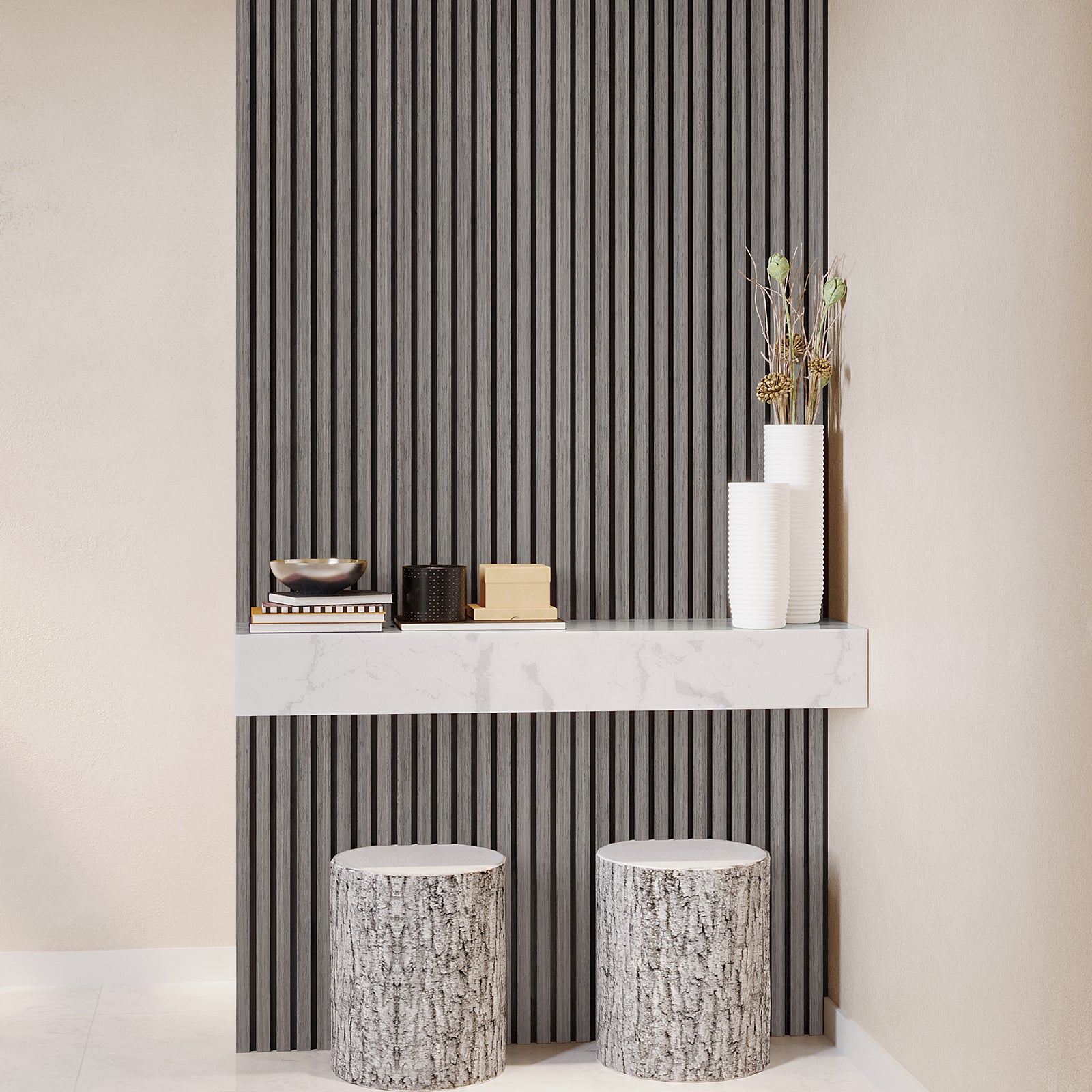 Agoran 270cm Acoustic Wood Slat Wall Panel Grey Oak, showcasing sleek wood slats against a strong PET backing, ideal for modern interiors, enhancing style and reducing noise in various spaces.