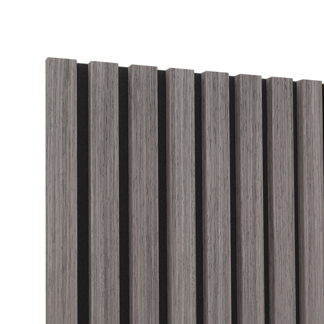 Close-up of Agoran 270cm Acoustic Wood Slat Wall Panel Grey Oak, showcasing its sleek wood slat design with visible texture and strong PET backing, ideal for noise reduction and modern decor enhancement.