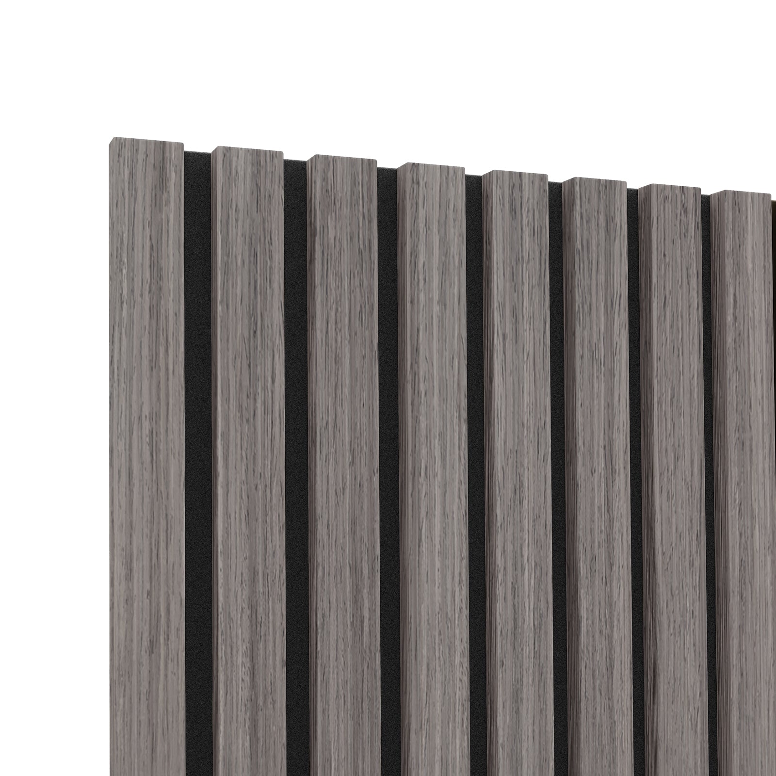 Close-up of Agoran 270cm Acoustic Wood Slat Wall Panel Grey Oak, showcasing its sleek wood slat design with visible texture and strong PET backing, ideal for noise reduction and modern decor enhancement.