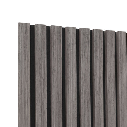 Close-up of Agoran 270cm Acoustic Wood Slat Wall Panel Grey Oak, showcasing its sleek wood slat design with visible texture and strong PET backing, ideal for noise reduction and modern decor enhancement.