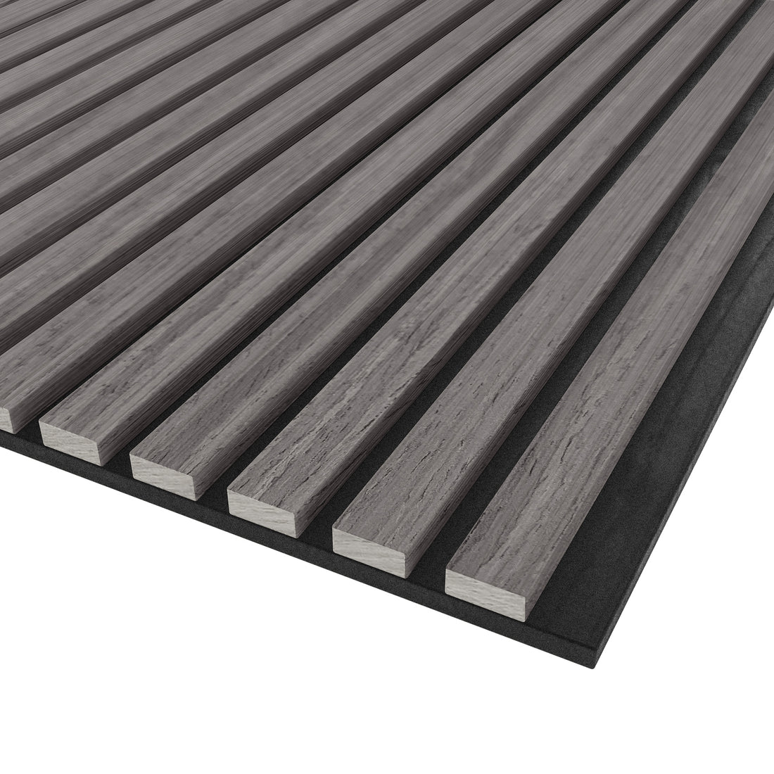 Agoran 270cm Acoustic Wood Slat Wall Panel Grey Oak features close-up views of its wood texture, highlighting its sleek, engineered design with visible slat gaps, perfect for modern noise-reducing interior applications.