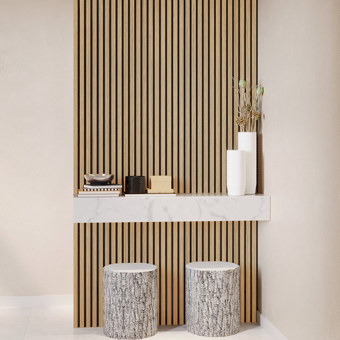 Agoran 270cm Acoustic Wood Slat Wall Panel features elegant wood slats on a sturdy PET backing, ideal for stylish noise reduction in interiors. Perfect for walls or ceilings, enhancing modern decor.