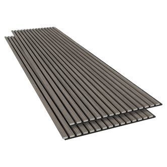 Agoran 270cm Acoustic Wood Slat Wall Panel - Set of 2 Grey Oak, showcasing stacked wood planks and metal boards for modern design and sound reduction, ideal for home or office use.