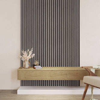 Close-up of Agoran 270cm Acoustic Wood Slat Wall Panel Set of 2 Grey Oak, highlighting sleek wood slats and modern design, ideal for stylish noise reduction in interior spaces.