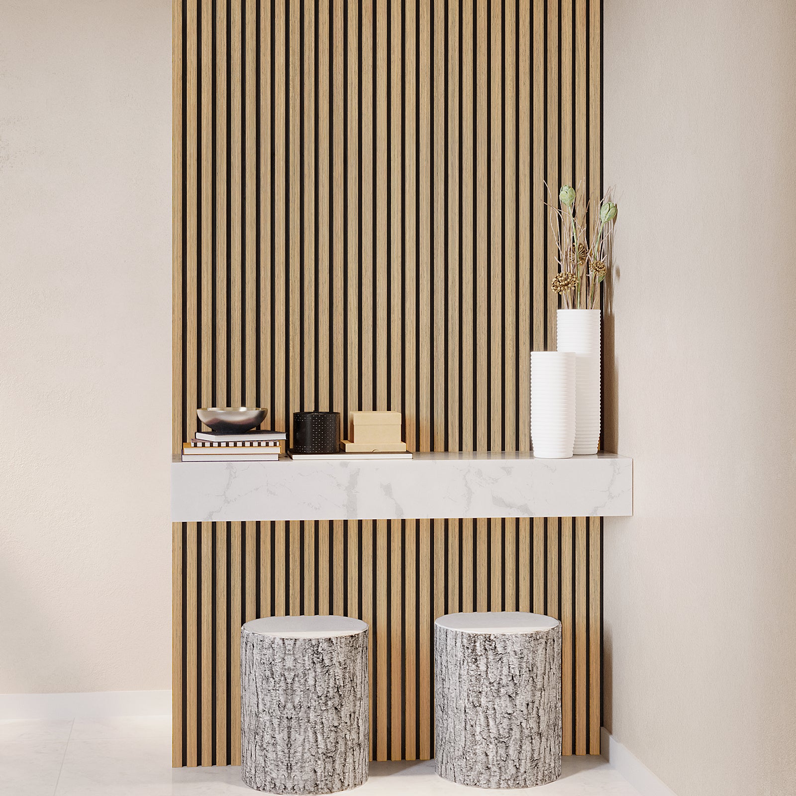 Agoran 270cm Acoustic Wood Slat Wall Panel - Set of 2, featuring sleek vertical wooden slats, designed for stylish noise reduction in home or office interiors.