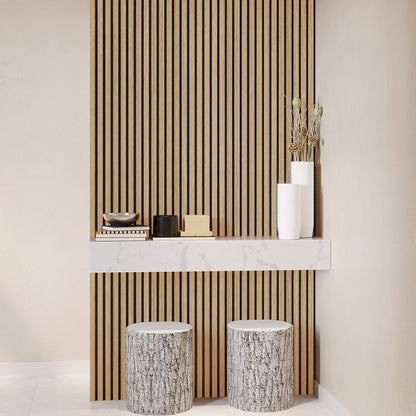 Agoran 270cm Acoustic Wood Slat Wall Panel - Set of 2, featuring sleek vertical wooden slats, designed for stylish noise reduction in home or office interiors.