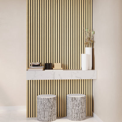 Agoran 270cm Acoustic Wood Slat Wall Panel - Set of 2 Oak, featuring sleek wood slats, designed for versatile indoor use, enhancing style and noise reduction in modern spaces.