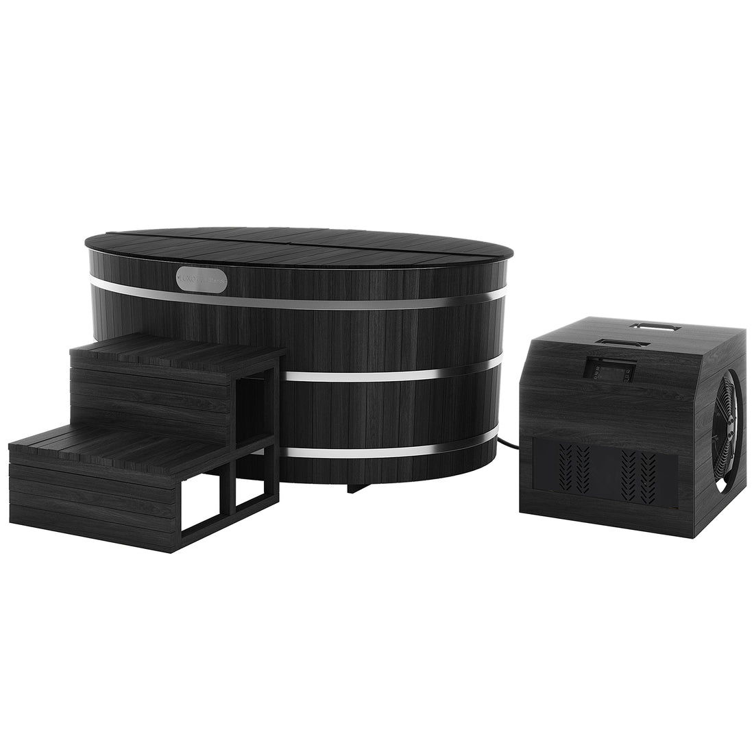 Denman 2-Person Ice Bath with 1.5HP Chiller - Canadian Hemlock features a close-up of the vent, a black box with a fan, and a green star-shaped sticker with white text.