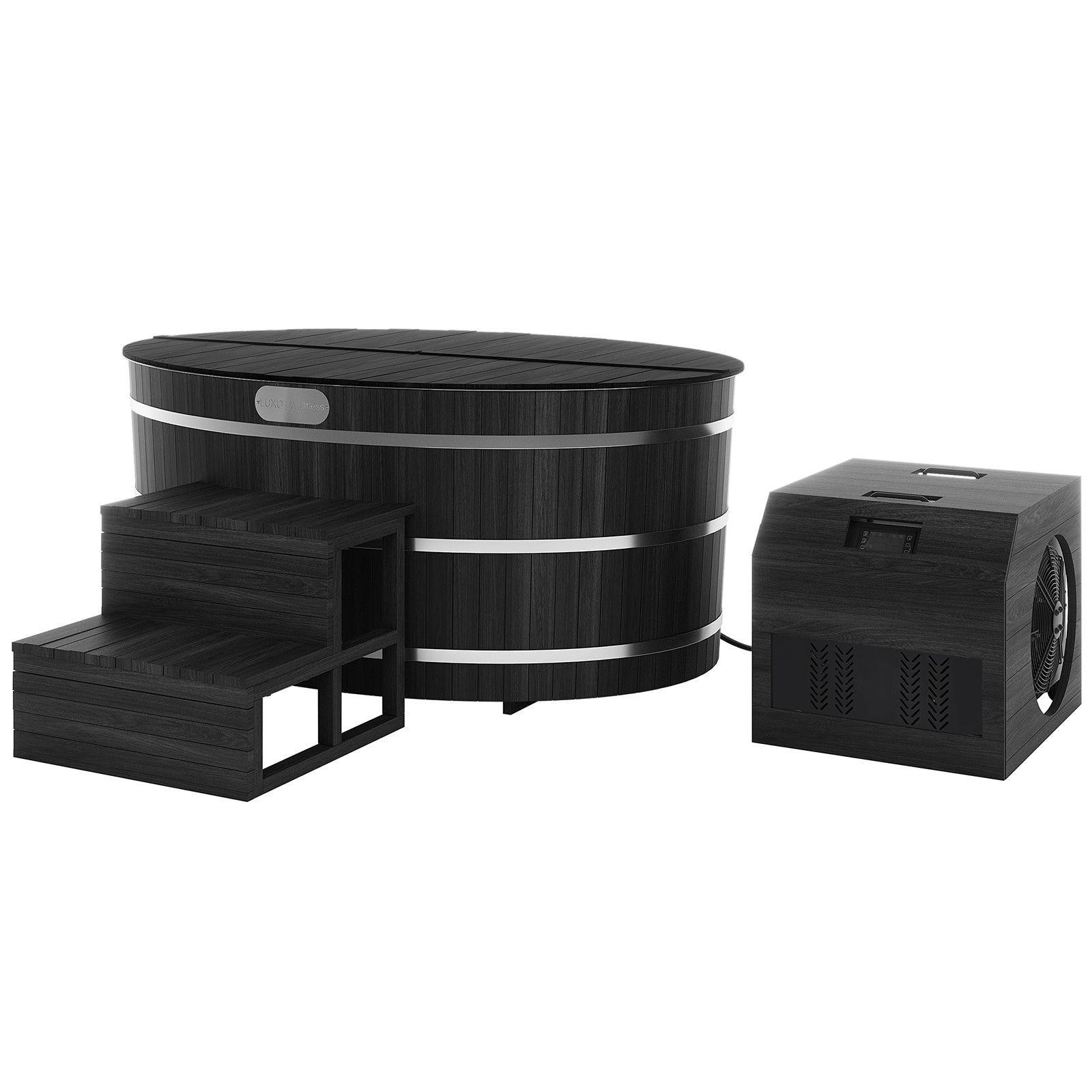 Denman 2-Person Ice Bath with 1.5HP Chiller - Canadian Hemlock features a close-up of the vent, a black box with a fan, and a green star-shaped sticker with white text.
