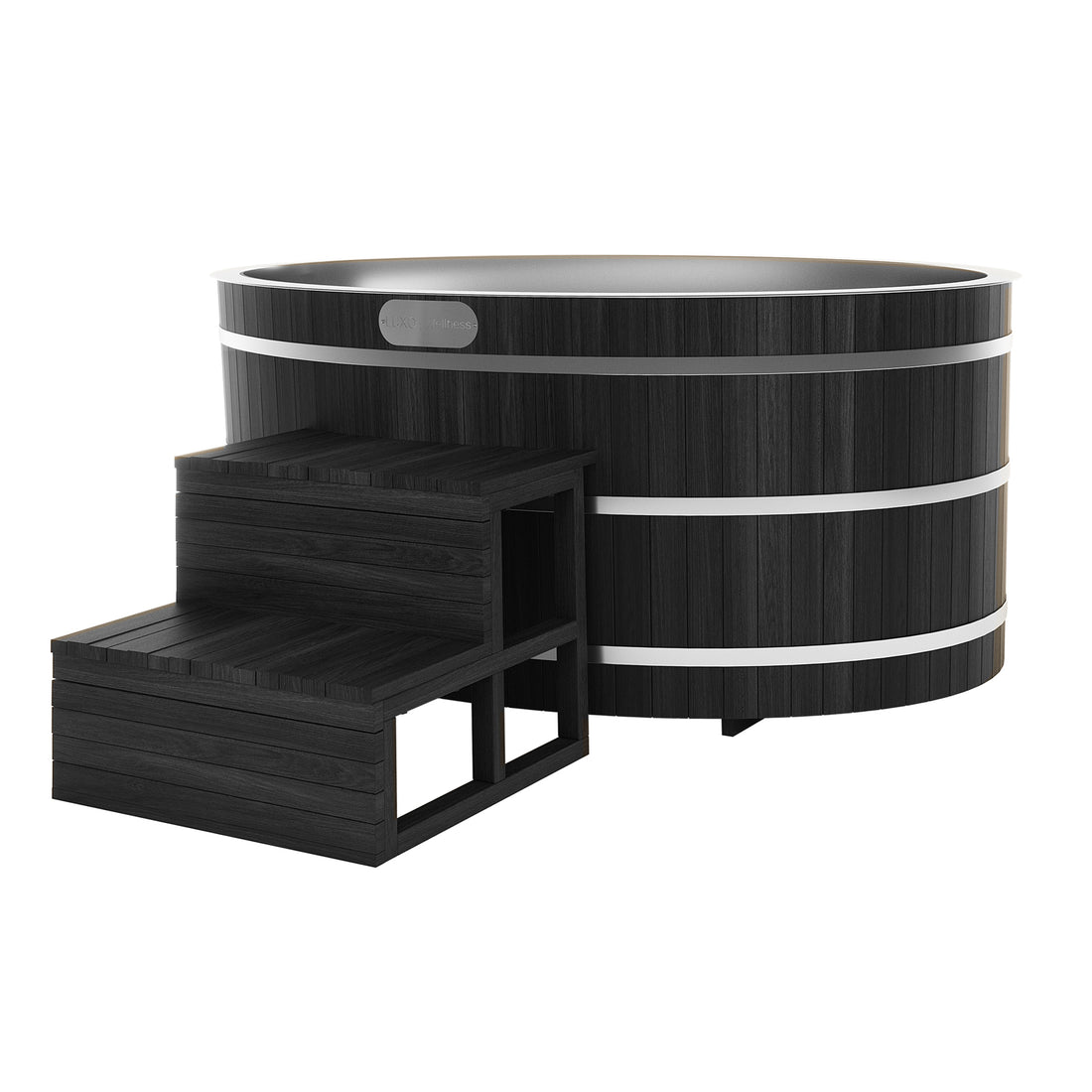 Denman 2-Person Ice Bath with 1.5HP Chiller - Canadian Hemlock Natural features a sleek black wooden tub with steps and a stainless steel barrel, showcasing its durable hemlock construction and modern design.