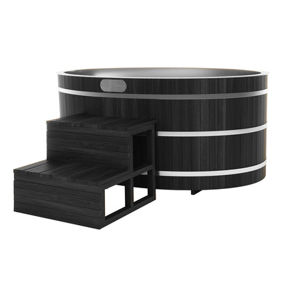 Denman 2-Person Ice Bath with 1.5HP Chiller - Canadian Hemlock Natural features a sleek black wooden tub with steps and a stainless steel barrel, showcasing its durable hemlock construction and modern design.