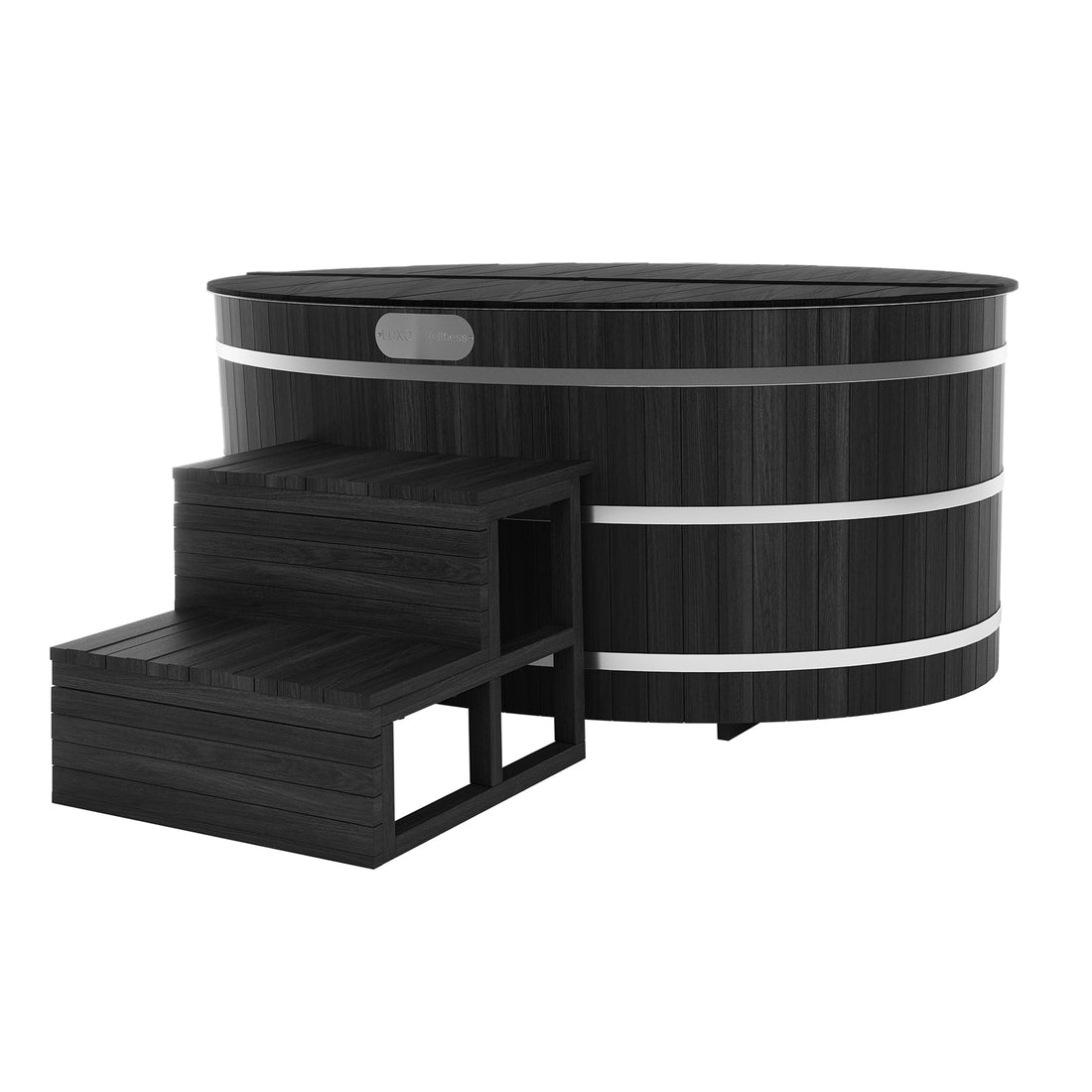 Denman 2-Person Ice Bath with 1.5HP Chiller - Canadian Hemlock Natural, featuring a black wooden tub with steps, crafted from Canadian hemlock for durable and stylish cryotherapy sessions.