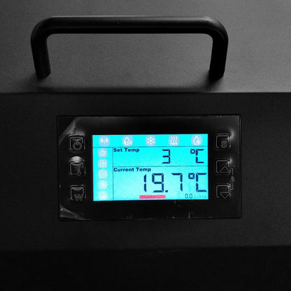 Denman 2-Person Ice Bath with 1.5HP Chiller features a digital screen on a black box, ideal for efficient cryotherapy at home or outdoors, crafted from durable Canadian Hemlock.