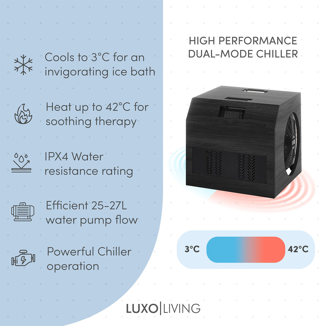 Denman 2-Person Ice Bath with 1.5HP Chiller features a sleek black design with visible fan and logo, highlighting its sustainable Canadian Hemlock build and advanced cryotherapy capabilities.
