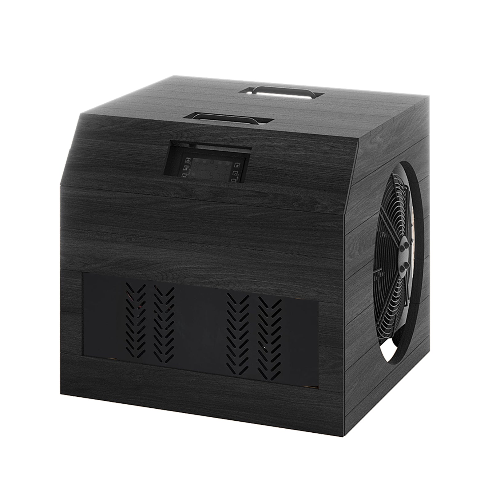 Denman 2-Person Ice Bath with 1.5HP Chiller—black box design with visible fan unit, emphasizing the durable Canadian Hemlock build for effective cryotherapy sessions indoors or outdoors.
