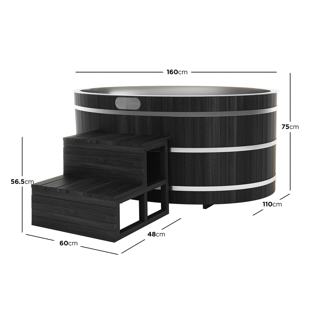 Denman 2-Person Ice Bath with 1.5HP Chiller - Canadian Hemlock Natural. A sleek, black wooden tub with a sturdy step, designed for optimal recovery and cryotherapy.