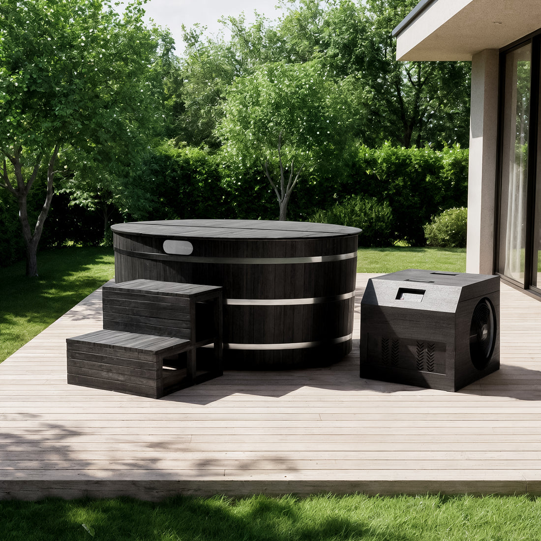 Denman 2 Person Outdoor Ice Bath with 1.5HP Chiller in Black sits on a wooden deck, featuring a wood-paneled exterior, insulated cover, and a black cube-shaped chiller unit beside it.
