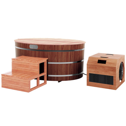 Denman 2-Person Ice Bath with 1.5HP Chiller - Red Cedar Natural, featuring a robust wooden box with a visible fan. A green star-shaped sticker with text enhances the product's design.