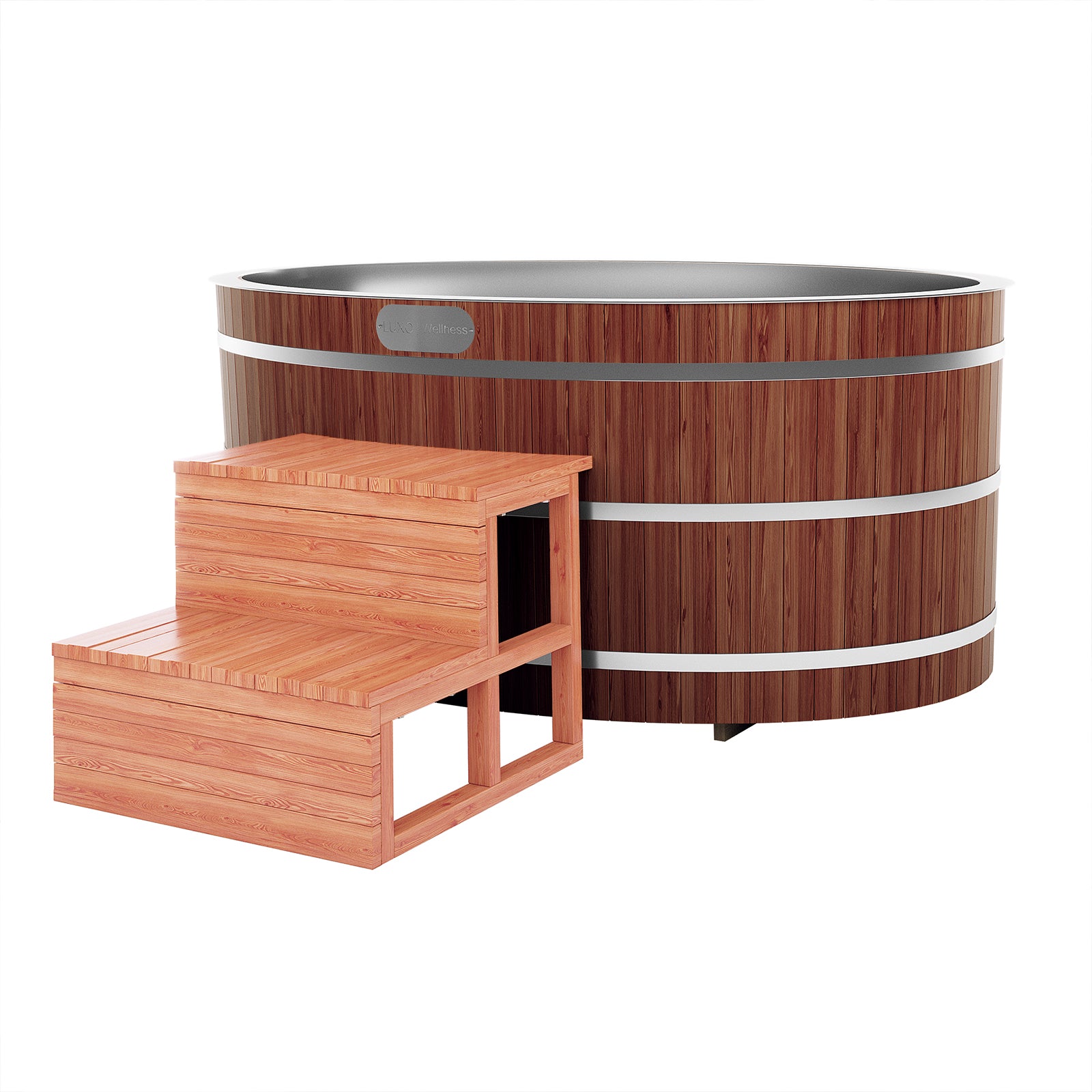 Denman 2-Person Ice Bath with 1.5HP Chiller - Red Cedar Natural, showcasing a robust wooden barrel design with a bench, highlighting its sustainable red cedar construction and advanced chilling capabilities.