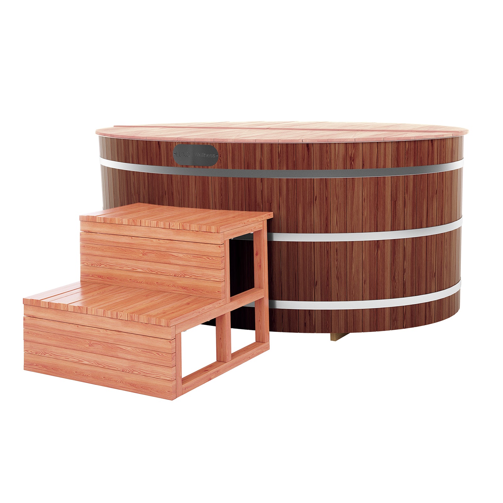 Denman 2-Person Ice Bath with 1.5HP Chiller - Red Cedar Natural: A wooden tub with steps, designed for outdoor use, showcasing craftsmanship suitable for cryotherapy and muscle recovery.