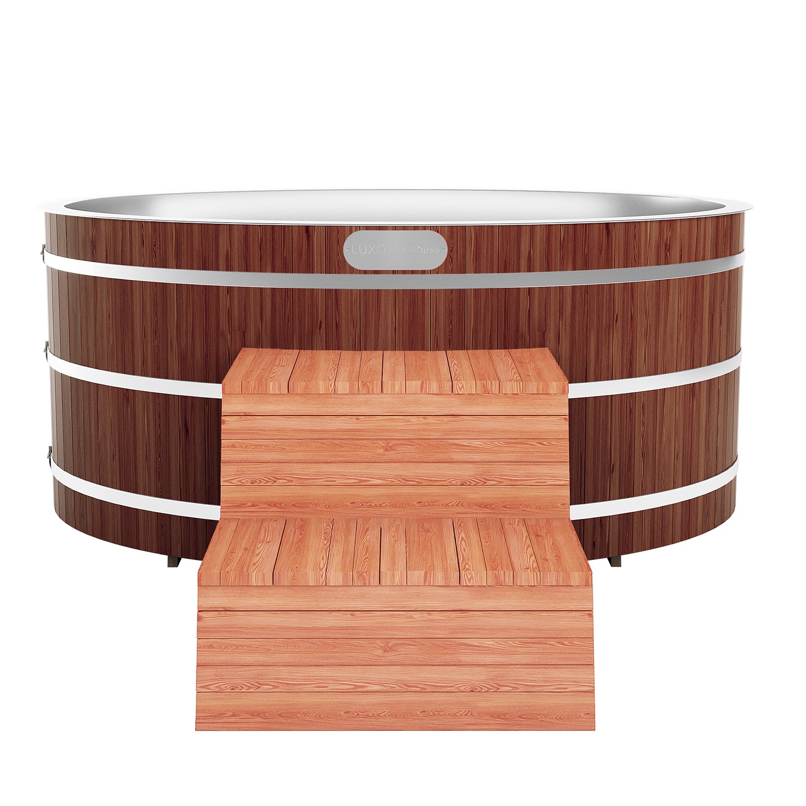 Denman 2-Person Ice Bath with 1.5HP Chiller - Red Cedar Natural, highlighting a close-up view of the robust, textured wood surface, showcasing its durable and sustainable red cedar construction.