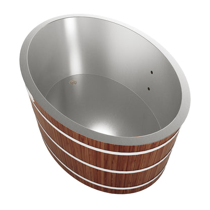 Denman 2-Person Ice Bath with 1.5HP Chiller features a round metal tub and a wooden tub with silver trim, showcasing its red cedar construction and durable design for effective cryotherapy sessions.