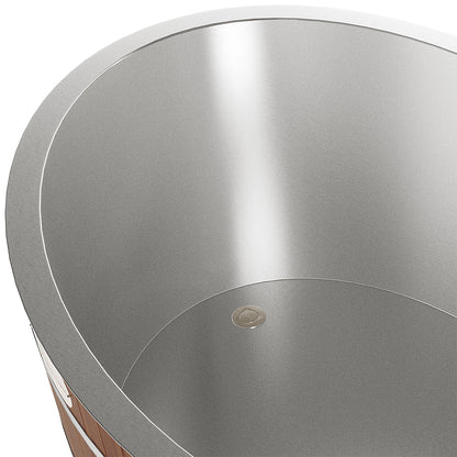 Denman 2-Person Ice Bath with 1.5HP Chiller - Red Cedar Natural: Close-up of the stainless steel interior and robust red cedar exterior, showcasing its spacious design and durable construction for effective cryotherapy.