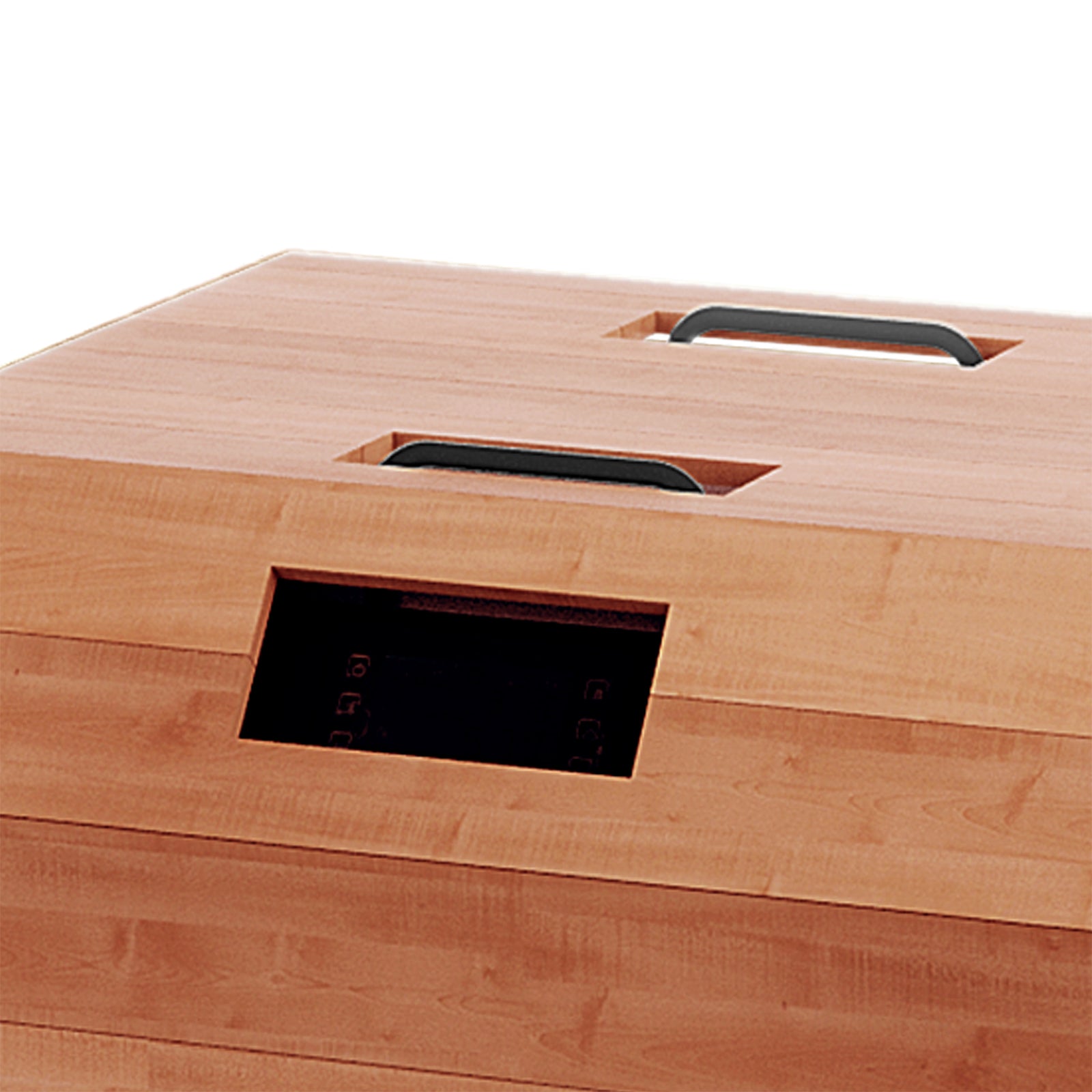 Close-up of the Denman 2-Person Ice Bath with 1.5HP Chiller - Red Cedar Natural, displaying a wooden box with a square window and rectangular opening, showcasing its durable red cedar construction.