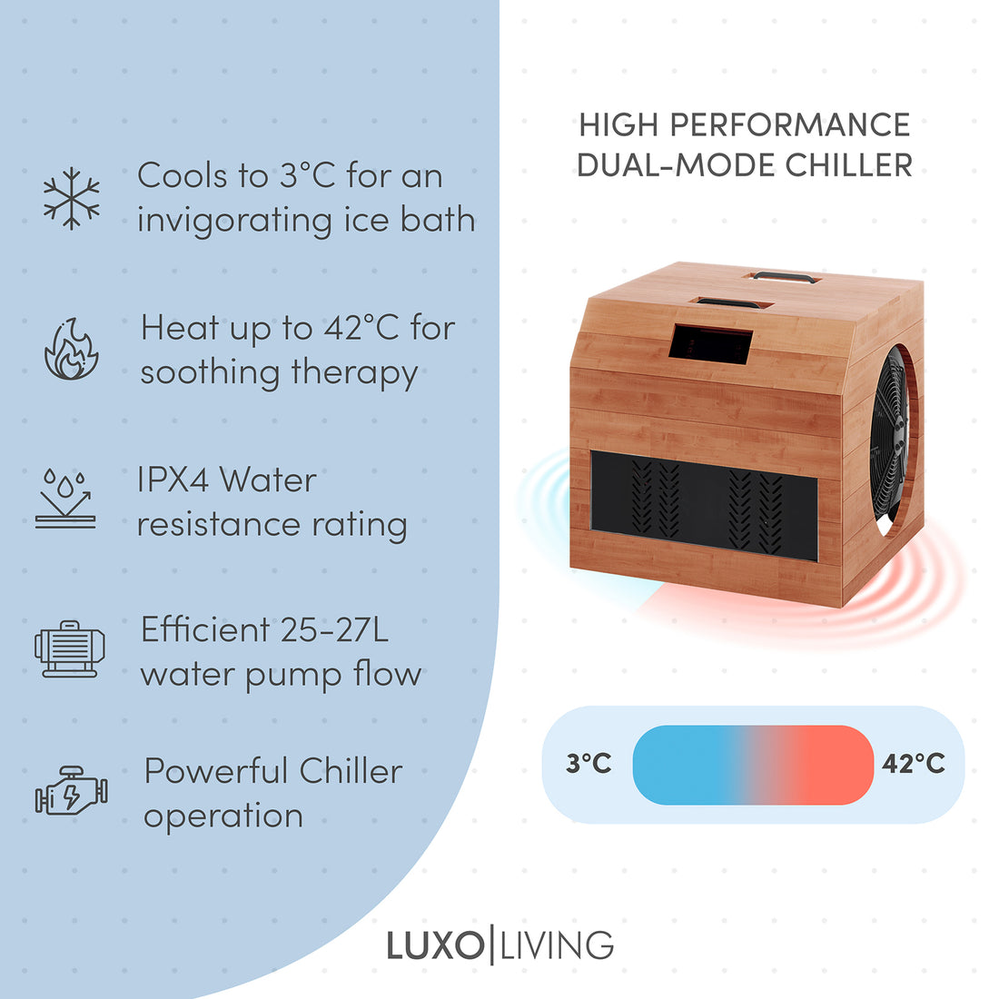 Denman 2-Person Ice Bath with 1.5HP Chiller - Red Cedar Natural features a sleek wooden box design with a fan and logo close-up, embodying durability and advanced cryotherapy functionality.