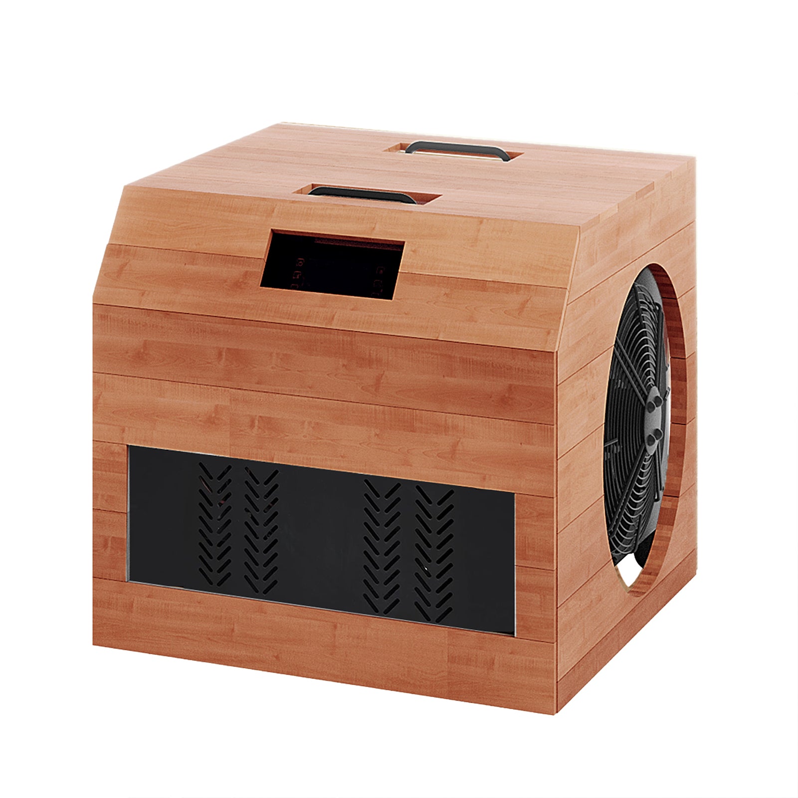 Denman 2-Person Ice Bath with 1.5HP Chiller - Red Cedar Natural, featuring a wooden box housing a fan, showcasing its robust design for efficient cryotherapy and muscle recovery.