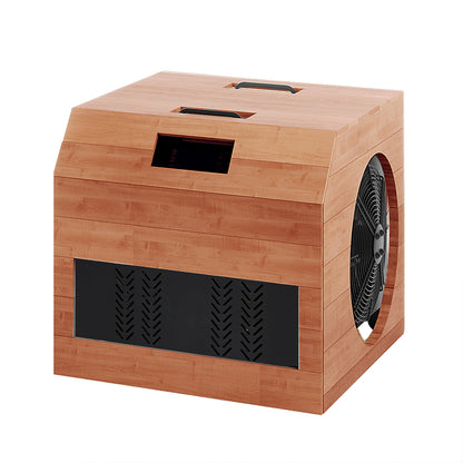 Denman 2-Person Ice Bath with 1.5HP Chiller - Red Cedar Natural, featuring a wooden box housing a fan, showcasing its robust design for efficient cryotherapy and muscle recovery.