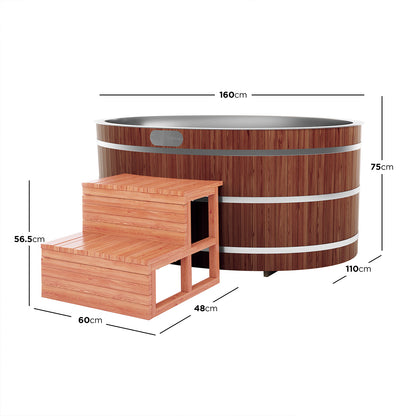 Denman 2-Person Ice Bath with 1.5HP Chiller - Red Cedar Natural features a wooden tub and chiller in a wooden box with a silver roof, emphasizing durability and aesthetic appeal.