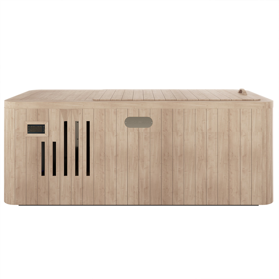 Front View of Lambert 2-Person 1HP Chiller Ice Bath - Canadian Hemlock, featuring a close-up of its smooth wooden panels, highlighting the refined design and craftsmanship of the moisture-resistant hemlock wood.