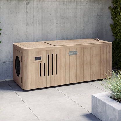 Lambert 2-Person 1HP Chiller Ice Bath - Canadian Hemlock features a sturdy wooden box design with visible fan, ideal for advanced cold therapy and muscle recovery.