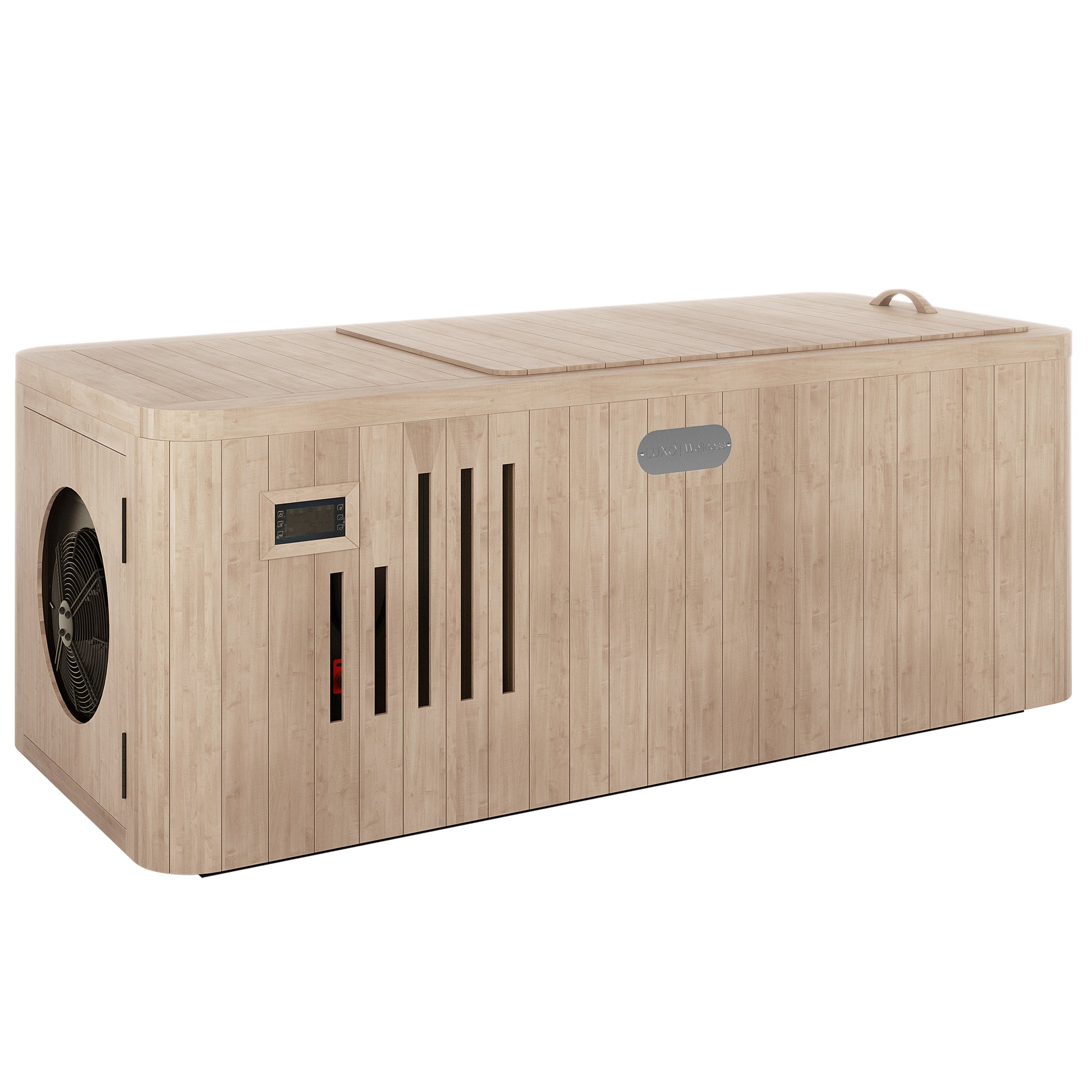 Lambert 2-Person 1HP Chiller Ice Bath, showcasing its Canadian Hemlock construction and sleek design, highlighting the premium craftsmanship and robust build suitable for professional cold therapy.