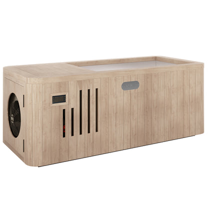 Lambert 2-Person 1HP Chiller Ice Bath - Canadian Hemlock features close-up views of its wooden panels, showcasing its durable design and elegant craftsmanship, ideal for professional-grade cold therapy.