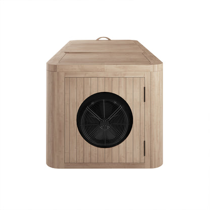 Lambert 2-Person 1HP Chiller Ice Bath - Canadian Hemlock features a wooden box design with a top vent and fan, ideal for professional-grade cold therapy and muscle recovery.