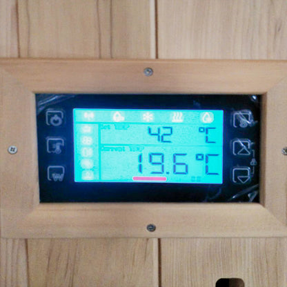 Lambert 2-Person 1HP Chiller Ice Bath - Canadian Hemlock, showcasing its sturdy stainless steel tub and spacious design, ideal for cold therapy, against a digital display with numerical settings.