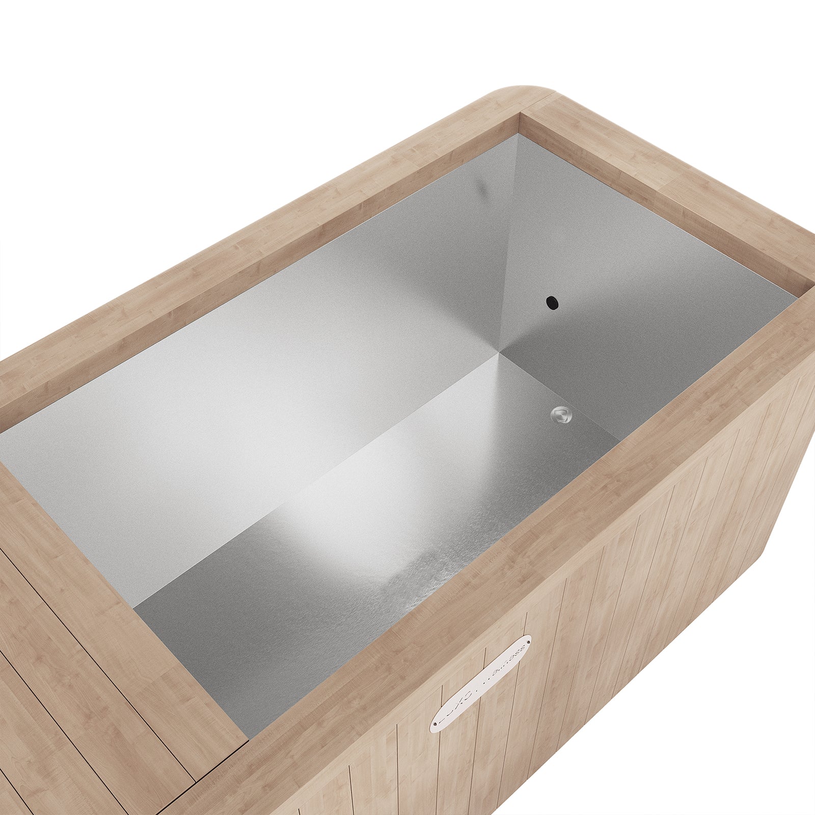 Close-up of the Lambert 2-Person 1HP Chiller Ice Bath - Canadian Hemlock, showcasing a sturdy wooden box with a metal lid, emphasizing its durable and spacious design for effective cold therapy.