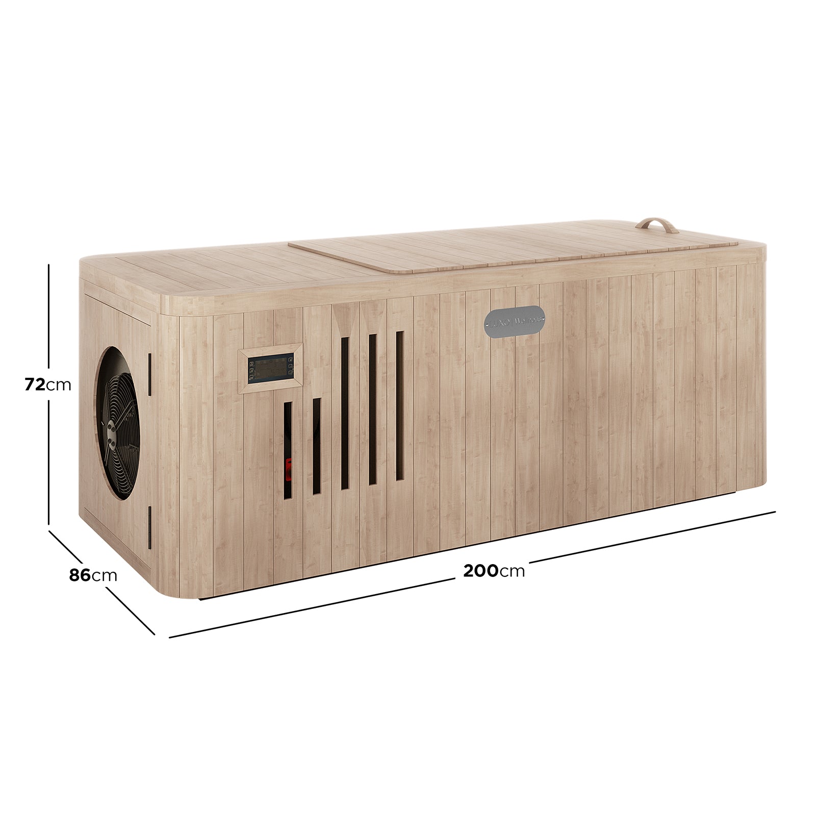 Dimension of Lambert 2-Person 1HP Chiller Ice Bath - Canadian Hemlock, showcasing a sleek stainless steel tub with digital controls and insulated cover, highlighting its durable design and advanced cryotherapy functionality.