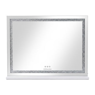 Rectangular mirror with metallic frame and textured glitter border on white background