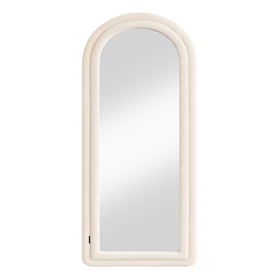Auden 180cm Arch Full Length Mirror in Beige features an elegant arched design with a padded ivory bouclé frame, offering a chic, full-length reflection for any room.