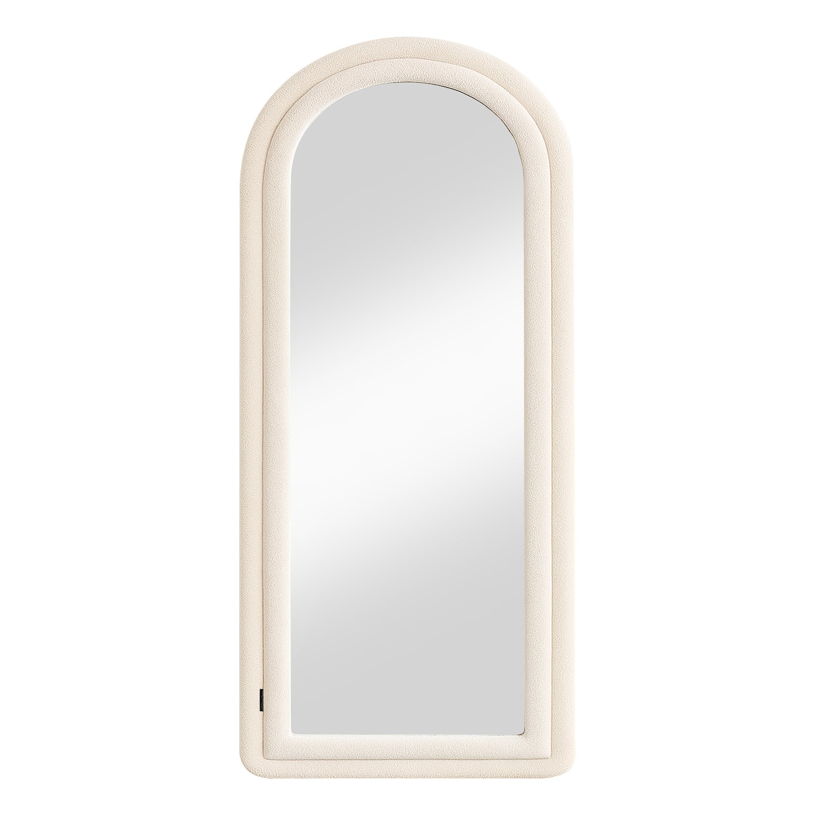 Auden 180cm Arch Full Length Mirror in Beige features an elegant arched design with a padded ivory bouclé frame, offering a chic, full-length reflection for any room.